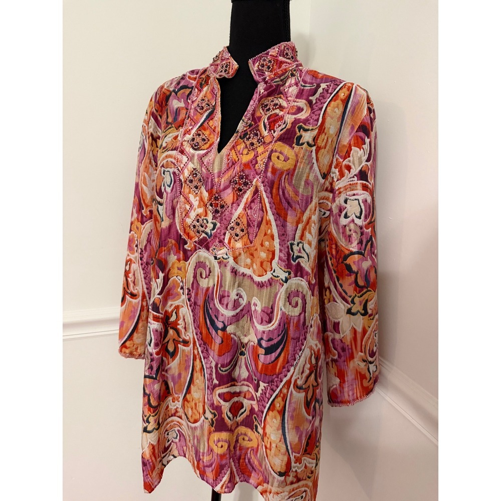 Chicos Tunic Top boho blouse Beaded Paisley Print Women Size L - Picture 13 of 13